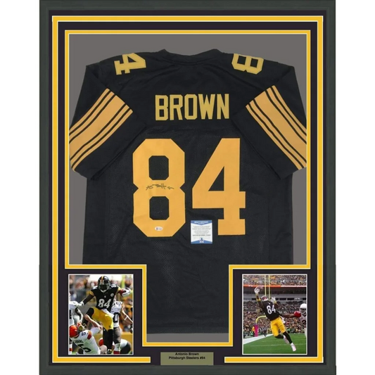 Framed black and gold Pittsburgh Steelers jersey with Brown 84