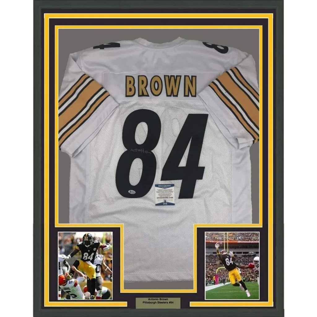 Framed autographed Antonio Brown Pittsburgh Steelers white jersey back, number 84