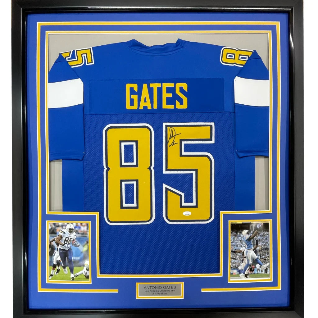 Framed Antonio Gates signed jersey with photos and nameplate ready for display