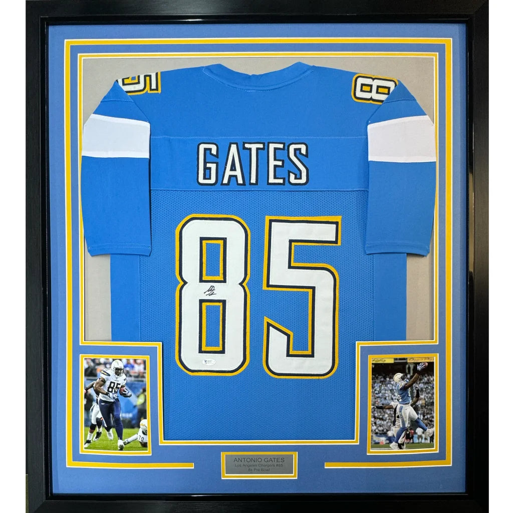Framed autographed blue los angeles powder blue football jersey with white and yellow accents featuring gates 85