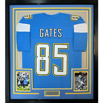 Framed autographed blue los angeles powder blue football jersey with white and yellow accents featuring gates 85