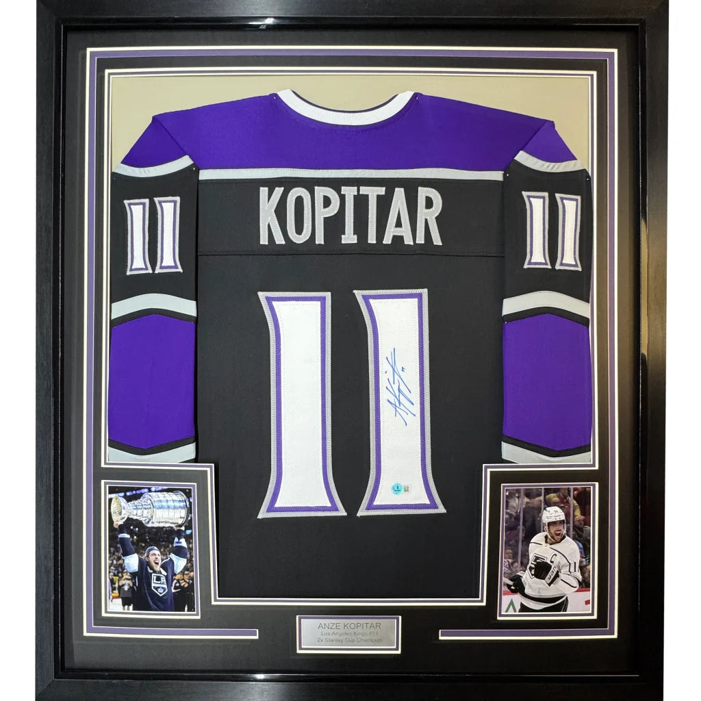 Framed Anze Kopitar signed Kings jersey with photos for ultimate man cave display
