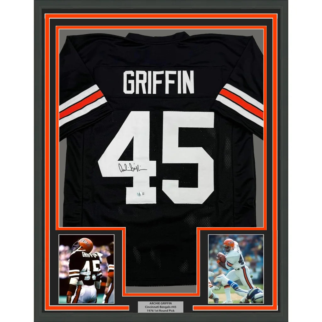 Framed signed Ernie Griffin Bengals jersey with two action photos for sale