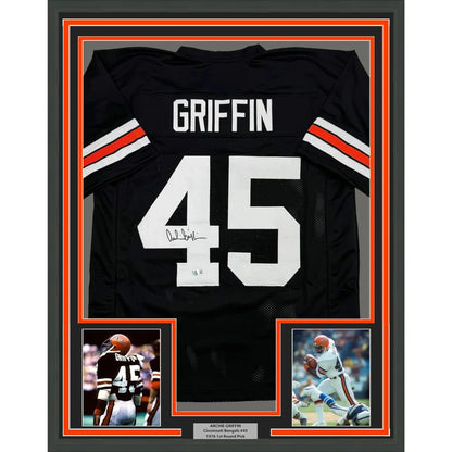 Framed signed Ernie Griffin Bengals jersey with two action photos for sale