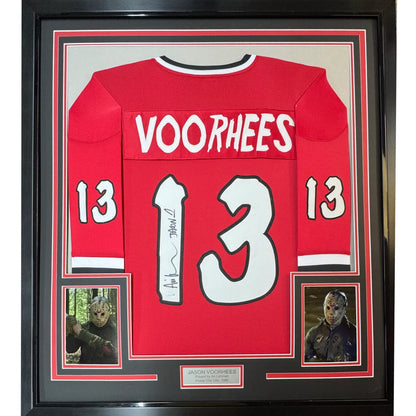 Signed red Jason Voorhees hockey jersey with photos and Voorhees name and number 13