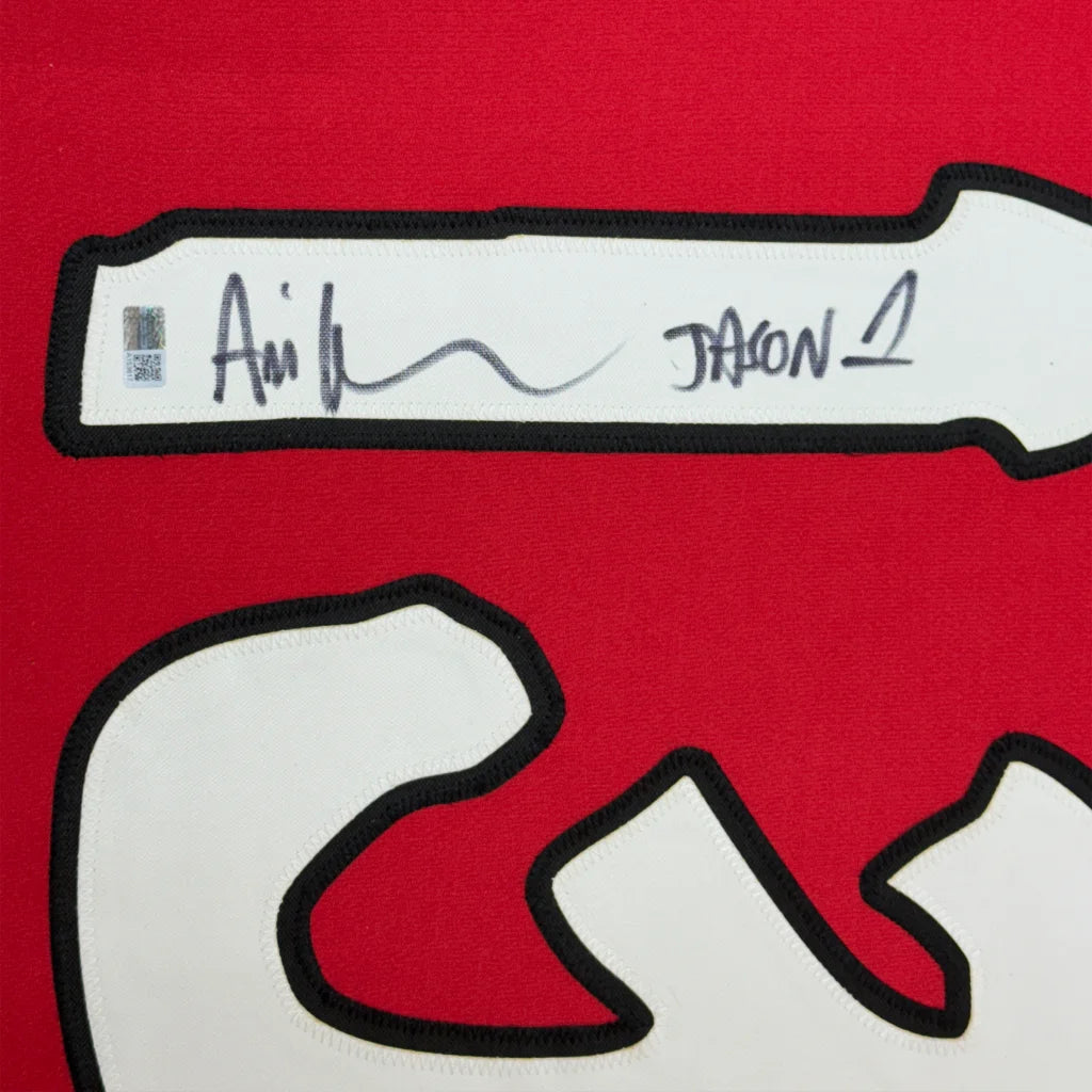 Red and white painted canvas with black outline, perfect for Jason Voorhees jersey display