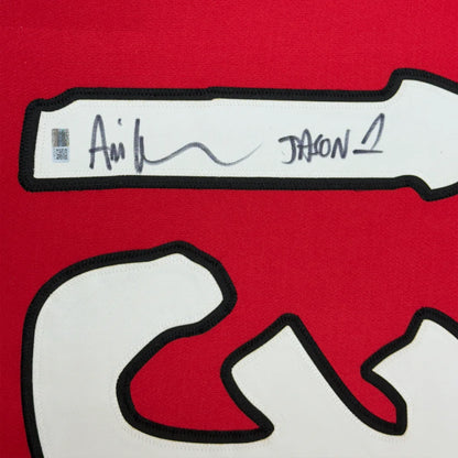 Red and white painted canvas with black outline, perfect for Jason Voorhees jersey display