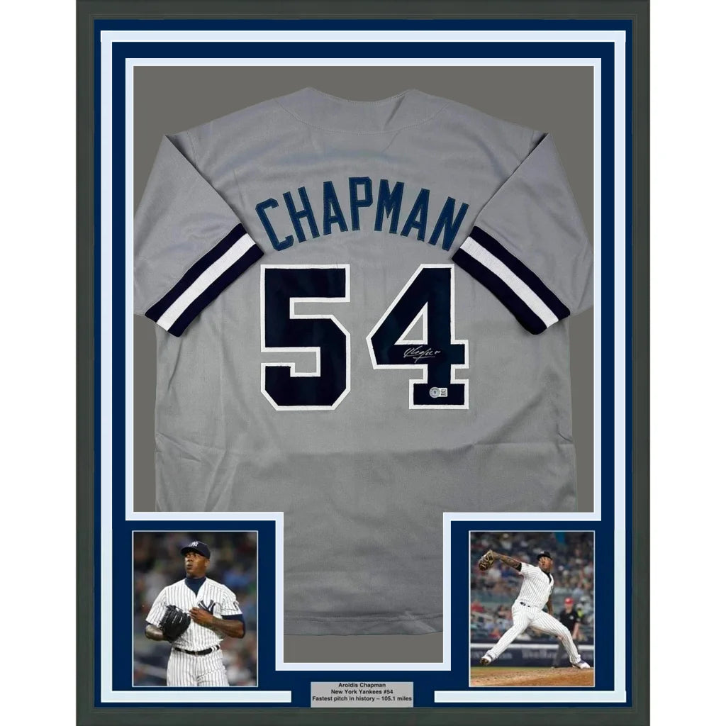 Framed Autographed Aroldis Chapman 35x39 New York Grey Baseball Jersey Beckett BAS COA | Hall of Fame Sports Memorabilia | vintageantiquesgifts.com