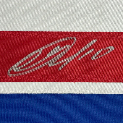 Red white and blue fabric with silver embroidery on Autographed New York Rangers Jersey