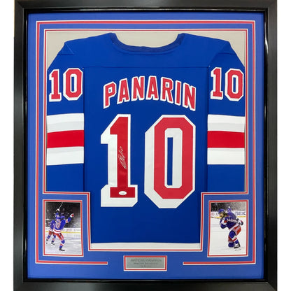 Framed Autographed Artemi Panarin 35x39 New York Blue Hockey Jersey JSA COA | Hall of Fame Sports Memorabilia | vintageantiquesgifts.com