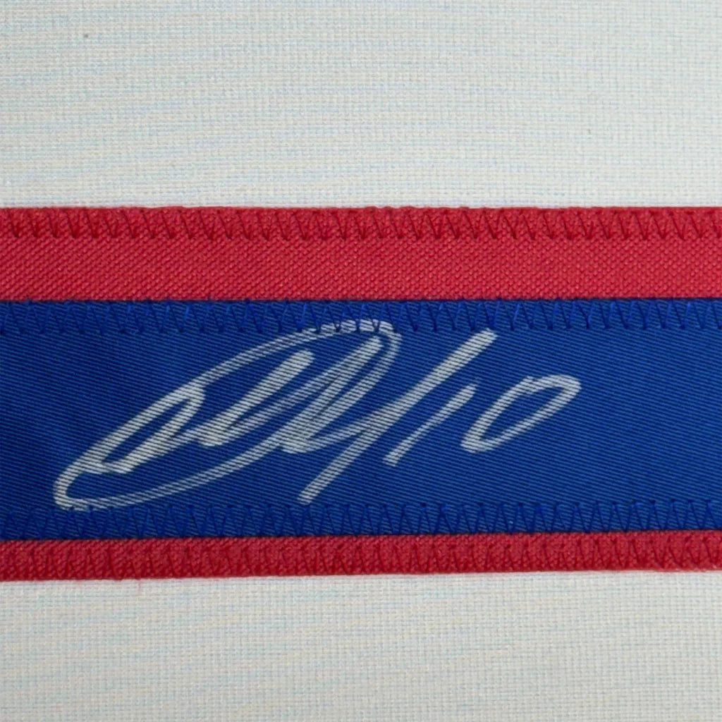Framed autographed Artemi Panarin New York Rangers jersey with blue red stripes and embroidered logo