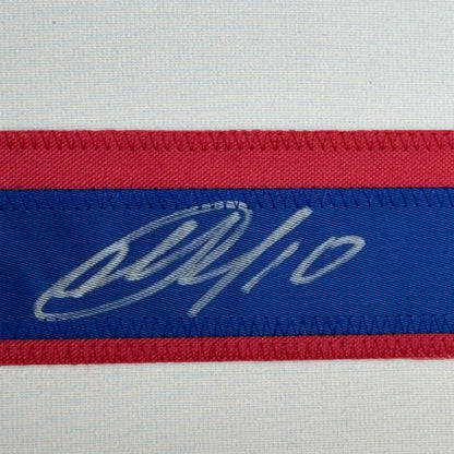Framed autographed Artemi Panarin New York Rangers jersey with blue red stripes and embroidered logo