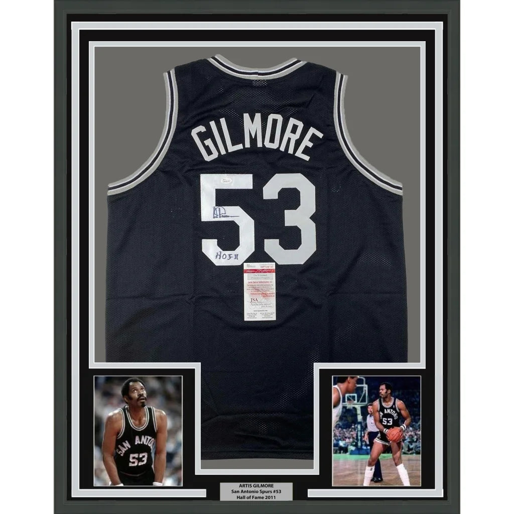 Framed Autographed Artis Gilmore HOF 11 35x39 San Antonio Black Basketball Jersey JSA COA | Hall of Fame Sports Memorabilia | vintageantiquesgifts.com