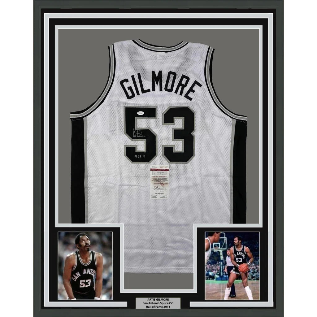 Framed Autographed Artis Gilmore HOF 11 35x39 San Antonio White Basketball Jersey JSA COA | Hall of Fame Sports Memorabilia | vintageantiquesgifts.com