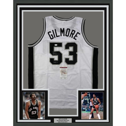 Framed Autographed Artis Gilmore HOF 11 35x39 San Antonio White Basketball Jersey JSA COA | Hall of Fame Sports Memorabilia | vintageantiquesgifts.com