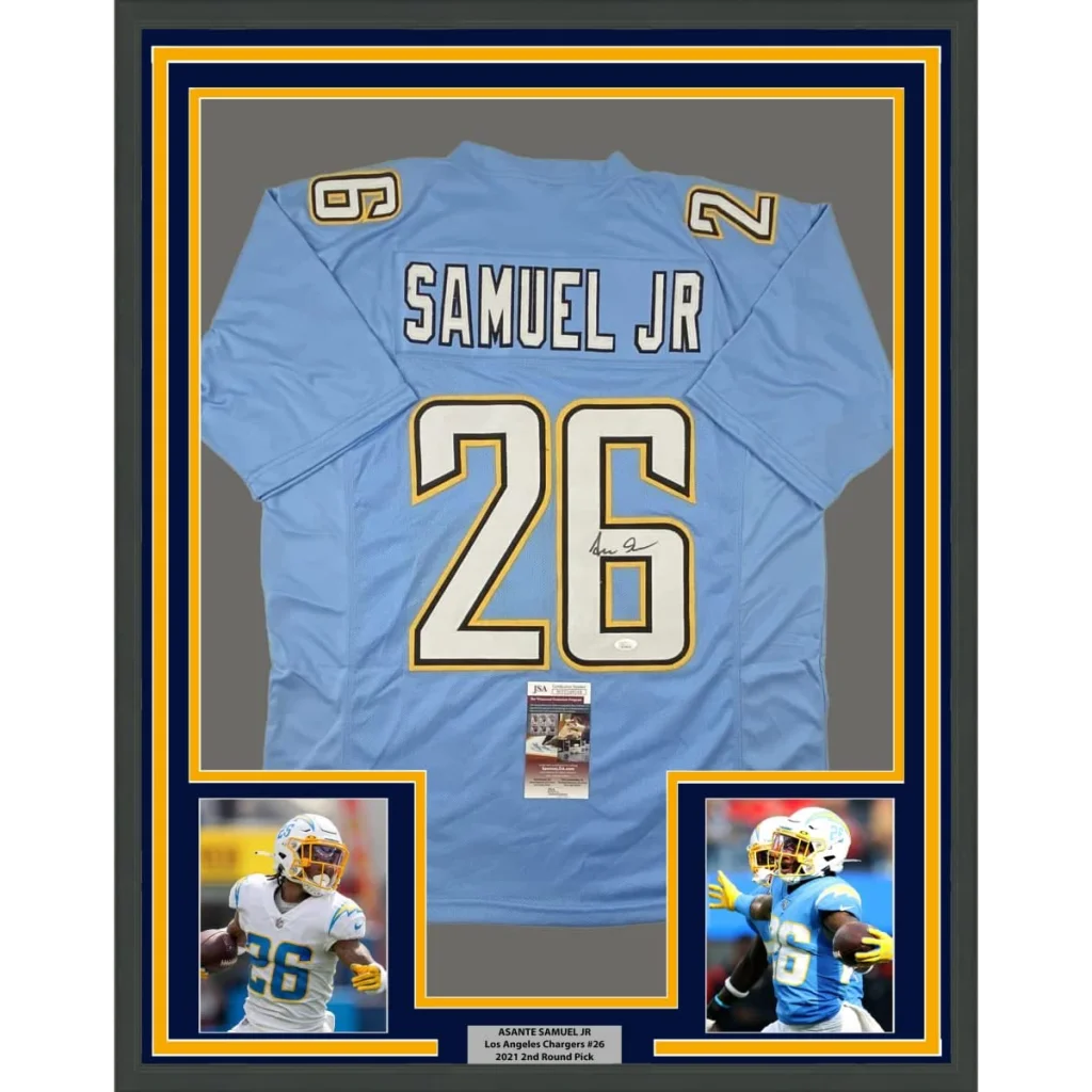 Framed powder blue Asante Samuel jersey with autographs and player photos for your man cave