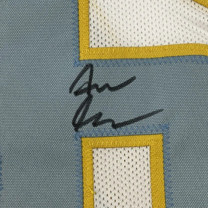 Blue fabric with gold trim and signature on Asante Samuel Jr custom jersey for professional sports fans
