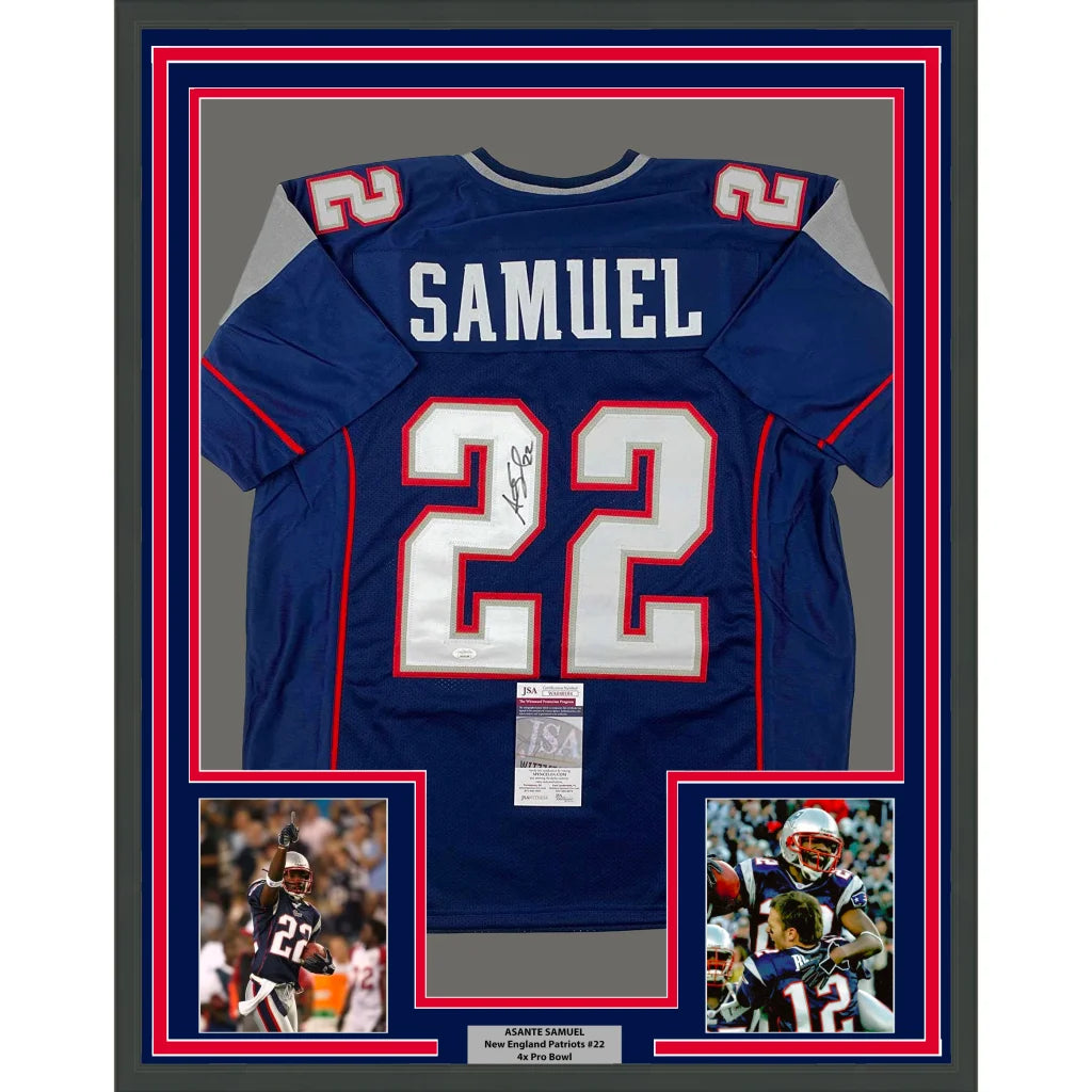 Professionally framed Asante Samuel Patriots jersey with autographs and player photos