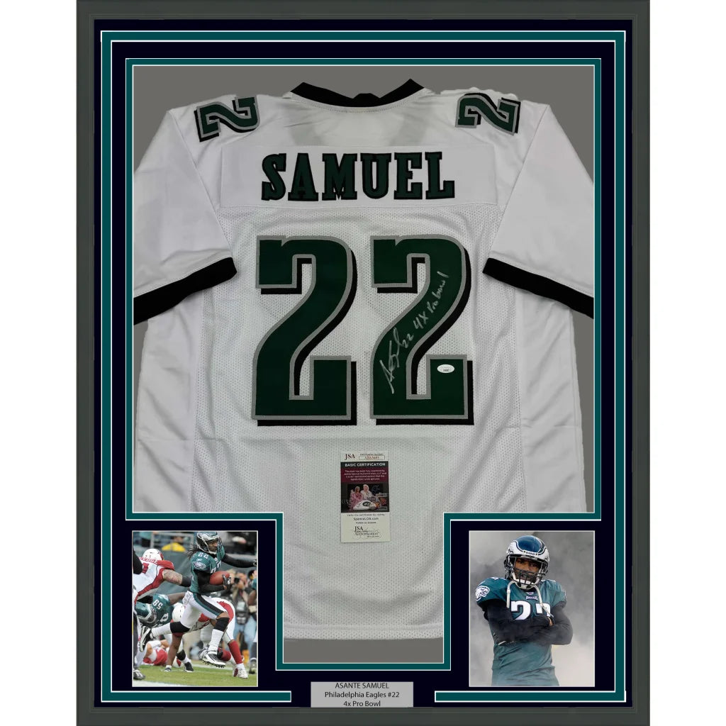 Framed autographed Philadelphia Eagles jersey with player photos for fans and collectors