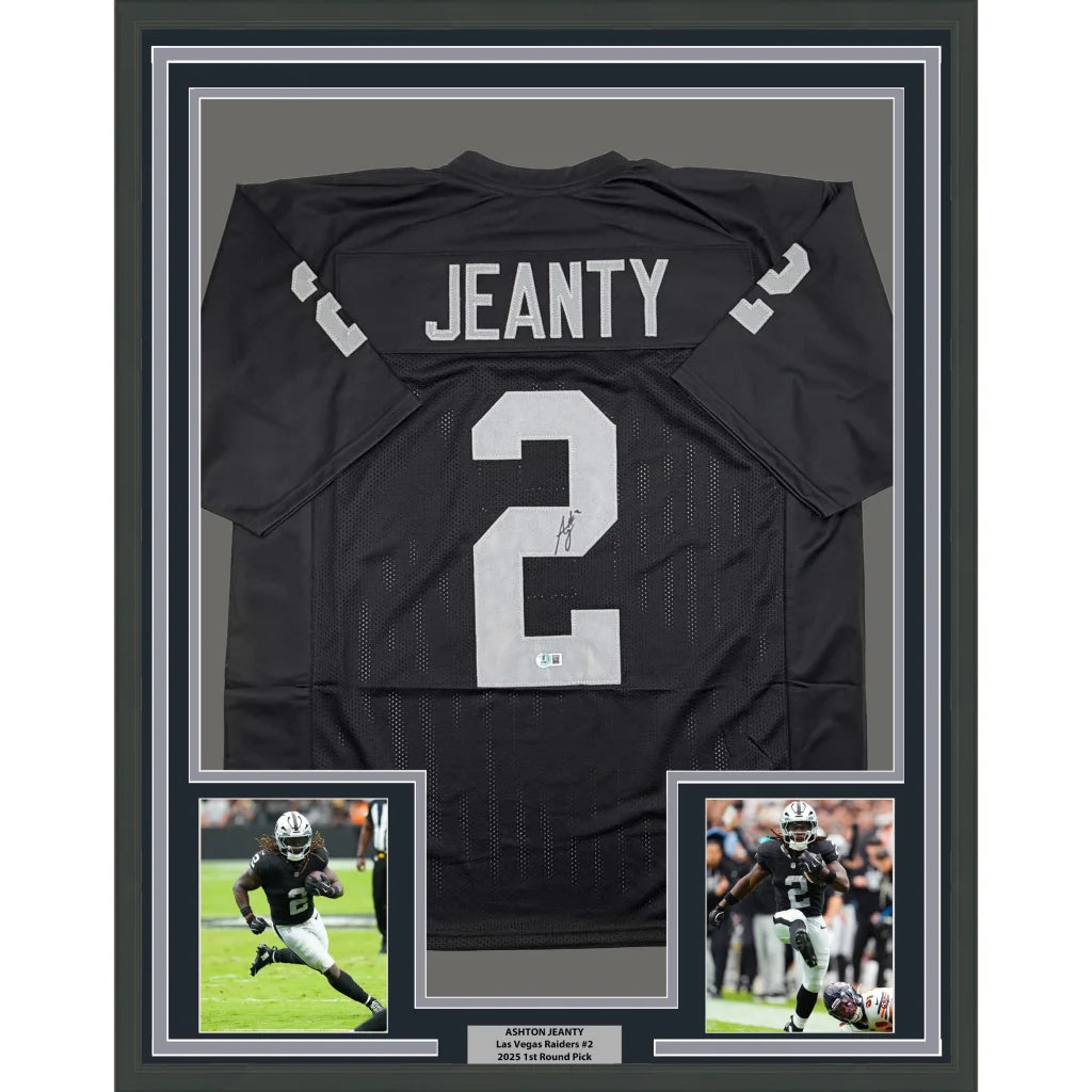 Framed back of autographed Ashton Jeanty black Raiders jersey, Beckett BAS COA