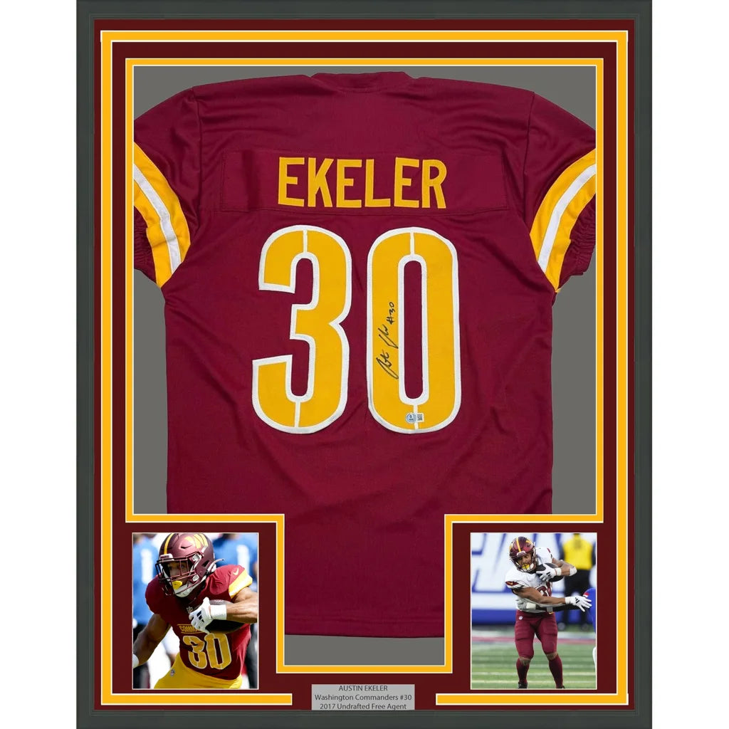 Framed Autographed Austin Ekeler 35x39 Washington Burgundy Football Jersey Beckett BAS COA | Hall of Fame Sports Memorabilia | vintageantiquesgifts.com