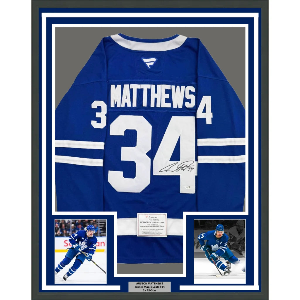 Framed Austin Matthews Toronto Maple Leafs jersey with third party authentication for collectors