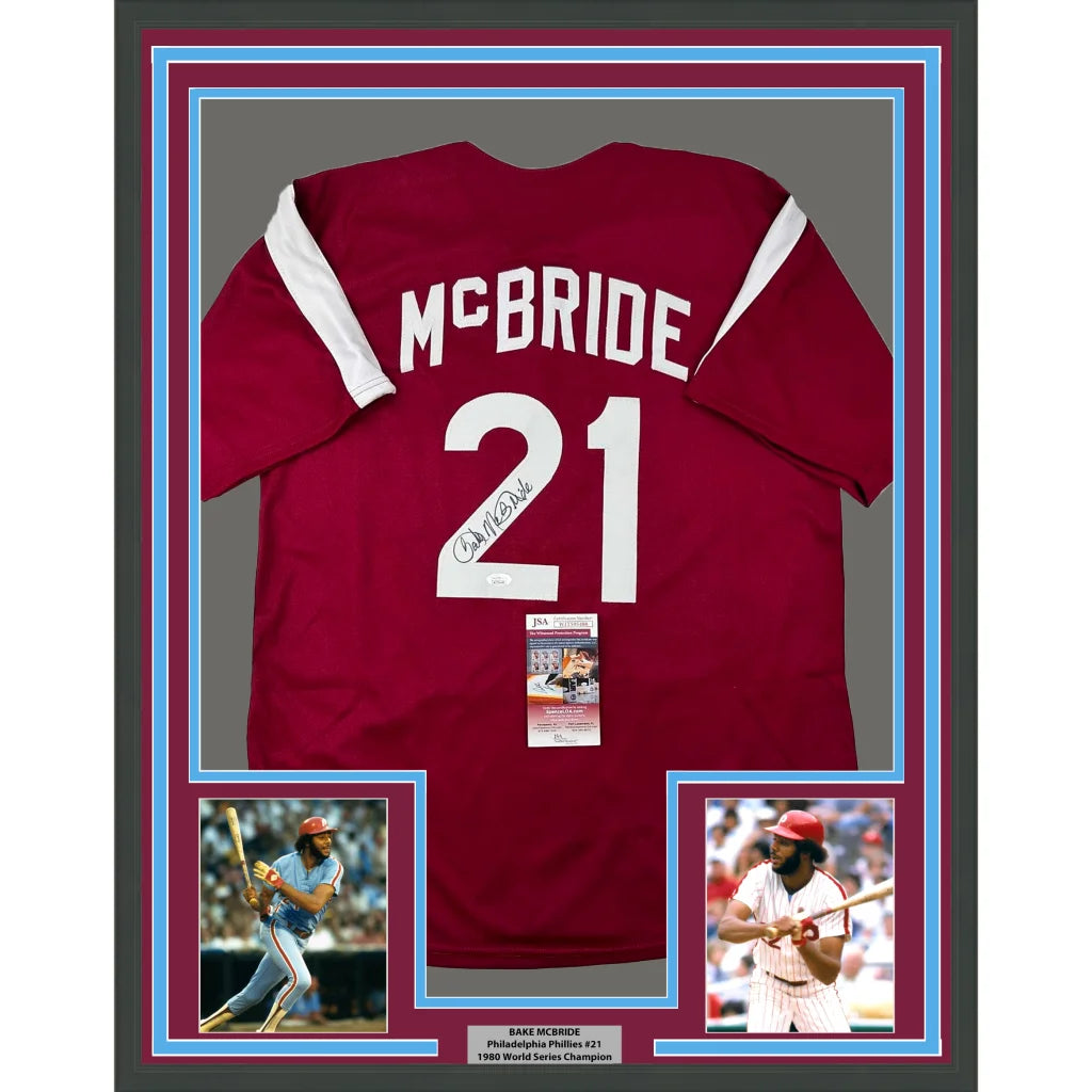 Framed autographed Bake McBride maroon Phillies jersey with JSA COA