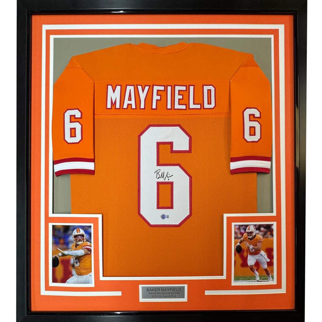 Framed autographed orange clemson tigers football jersey with white and red number 6 signed by Baker Mayfield