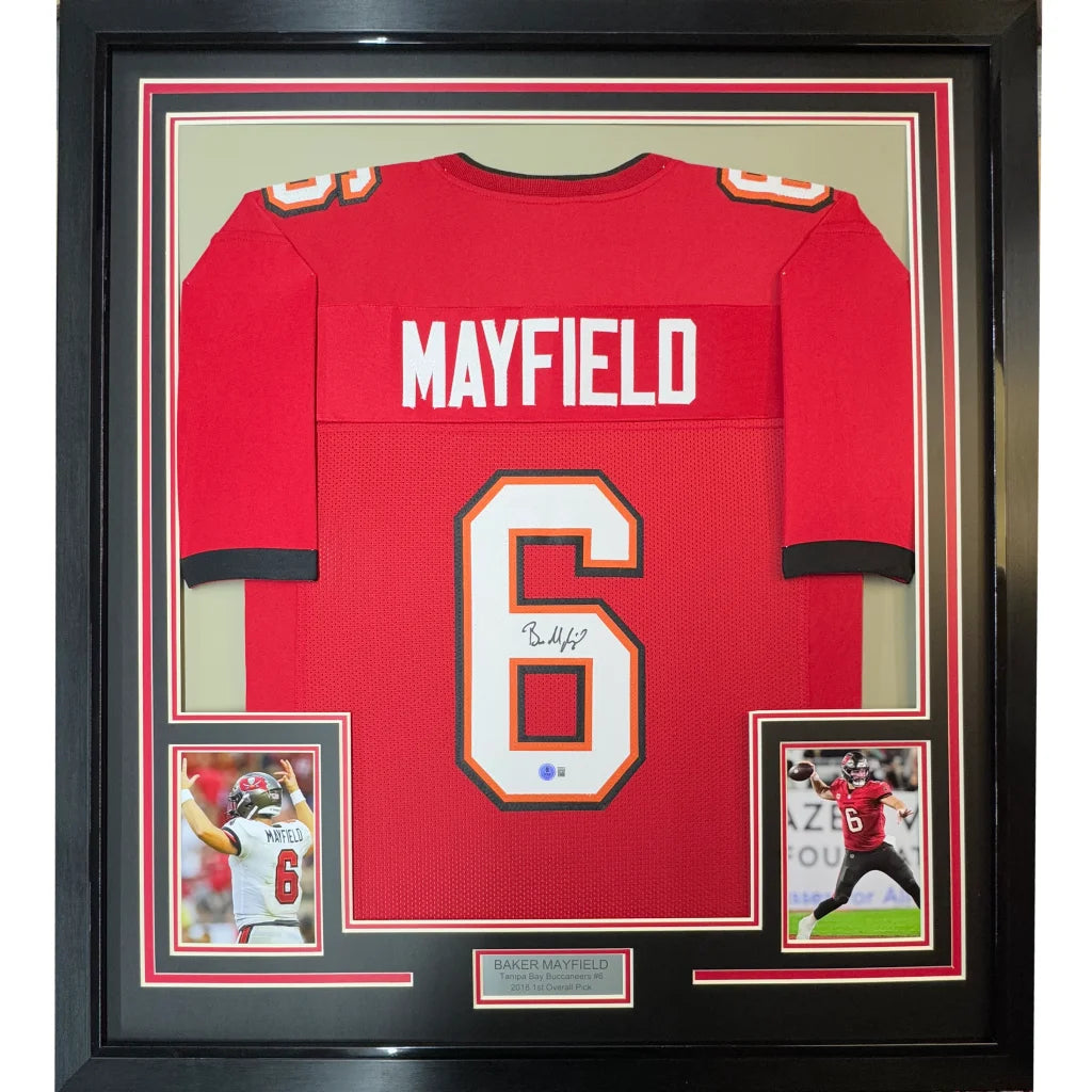 Framed Autographed Baker Mayfield 35x39 Tampa Bay Red Football Jersey Beckett BAS COA | Hall of Fame Sports Memorabilia | vintageantiquesgifts.com