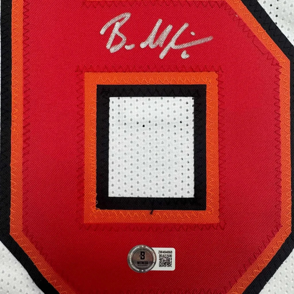 Framed Autographed Baker Mayfield 35x39 Tampa Bay White Football Jersey Beckett BAS COA | Certified Authentic Signed Memorabilia | vintageantiquesgifts.com