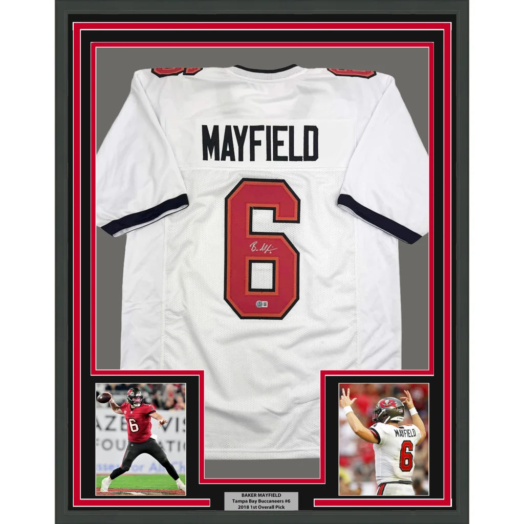 Framed Autographed Baker Mayfield 35x39 Tampa Bay White Football Jersey Beckett BAS COA | Hall of Fame Sports Memorabilia | vintageantiquesgifts.com