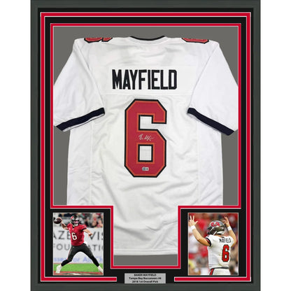 Framed Autographed Baker Mayfield 35x39 Tampa Bay White Football Jersey Beckett BAS COA | Hall of Fame Sports Memorabilia | vintageantiquesgifts.com