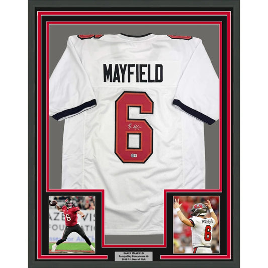 Framed Autographed Baker Mayfield 35x39 Tampa Bay White Football Jersey Beckett BAS COA | Hall of Fame Sports Memorabilia | vintageantiquesgifts.com
