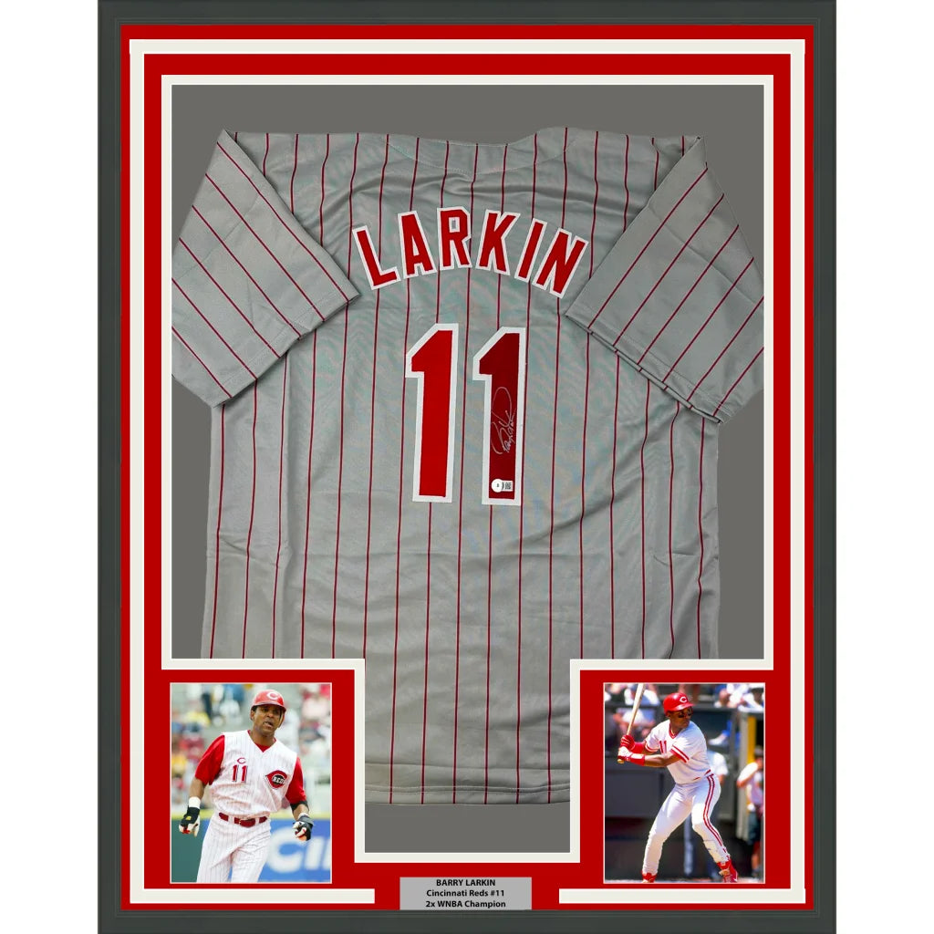 Framed Autographed Barry Larkin 35x39 Cincinnati Grey Pinstripe Baseball Jersey Beckett BAS COA | Hall of Fame Sports Memorabilia | vintageantiquesgifts.com