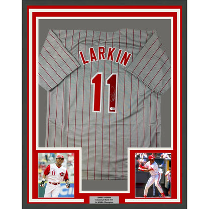 Framed Autographed Barry Larkin 35x39 Cincinnati Grey Pinstripe Baseball Jersey Beckett BAS COA | Hall of Fame Sports Memorabilia | vintageantiquesgifts.com
