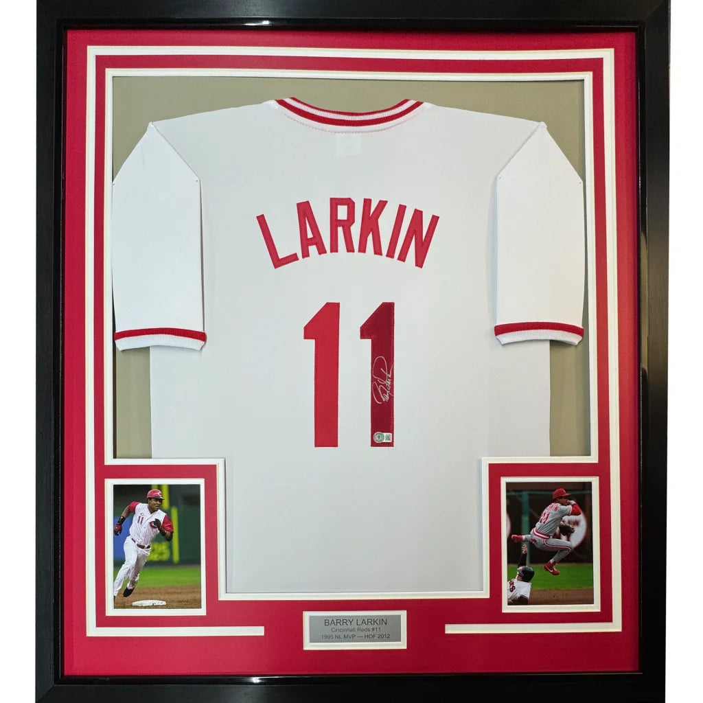 Framed Autographed Barry Larkin 35x39 Cincinnati White Baseball Jersey Beckett BAS COA | Hall of Fame Sports Memorabilia | vintageantiquesgifts.com