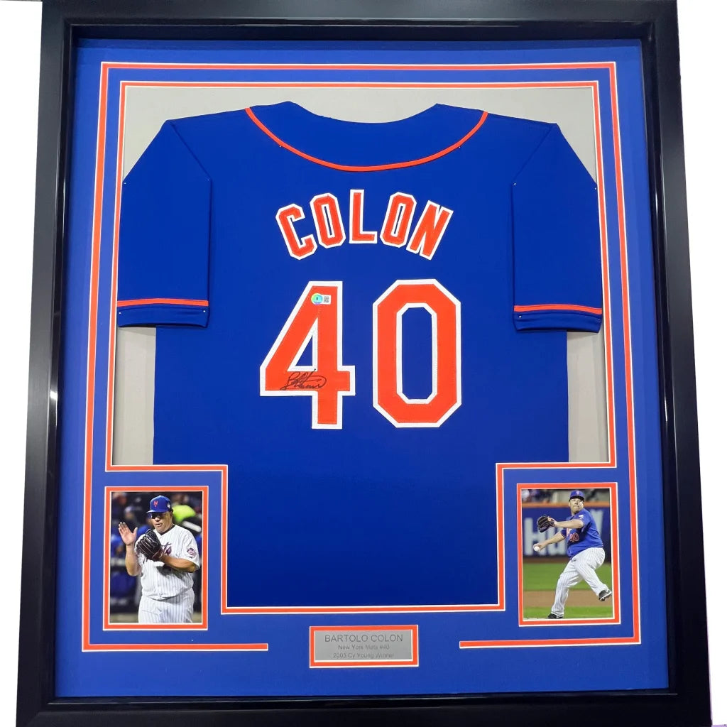 Framed Autographed Bartolo Colon 35x39 New York Blue Baseball Jersey Beckett BAS COA | Hall of Fame Sports Memorabilia | vintageantiquesgifts.com