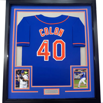 Framed Autographed Bartolo Colon 35x39 New York Blue Baseball Jersey Beckett BAS COA | Hall of Fame Sports Memorabilia | vintageantiquesgifts.com