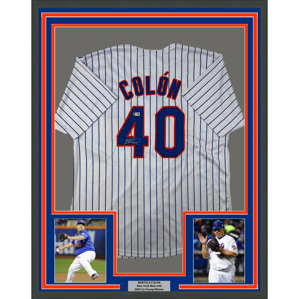 Framed Autographed Bartolo Colon 35x39 New York Pinstripe Baseball Jersey Beckett BAS COA | Hall of Fame Sports Memorabilia | vintageantiquesgifts.com