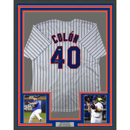 Framed Autographed Bartolo Colon 35x39 New York Pinstripe Baseball Jersey Beckett BAS COA | Hall of Fame Sports Memorabilia | vintageantiquesgifts.com