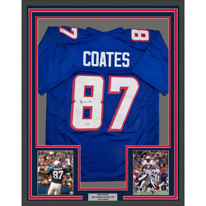 Framed Autographed Ben Coates 35x39 New England Blue Football Jersey Beckett BAS COA | Hall of Fame Sports Memorabilia | vintageantiquesgifts.com