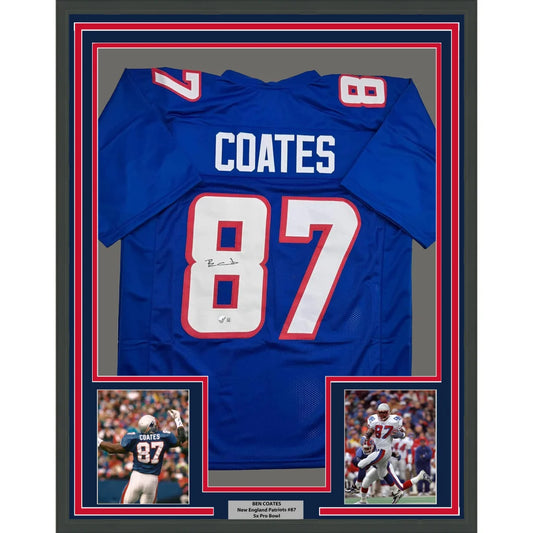 Framed Autographed Ben Coates 35x39 New England Blue Football Jersey Beckett BAS COA | Hall of Fame Sports Memorabilia | vintageantiquesgifts.com