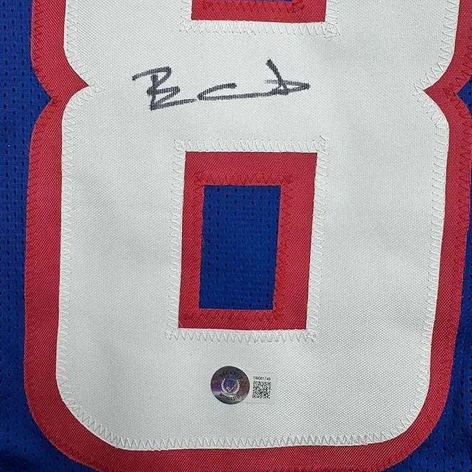 Framed Autographed Ben Coates 35x39 New England Blue Football Jersey Beckett BAS COA | Certified Authentic Signed Memorabilia | vintageantiquesgifts.com