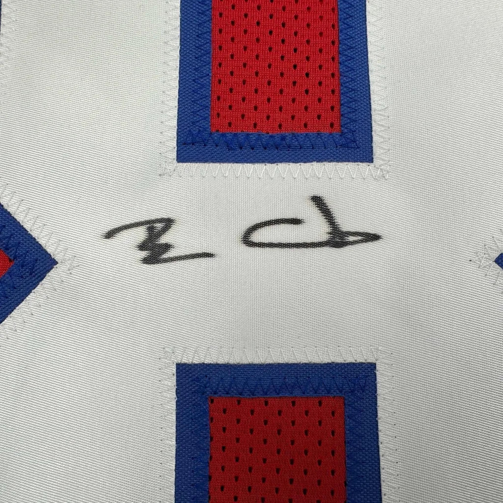Framed autographed Ben Coates New England Patriots jersey with red blue mesh panels