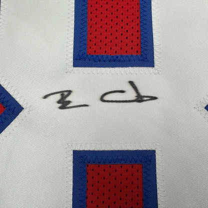 Framed autographed Ben Coates New England Patriots jersey with red blue mesh panels