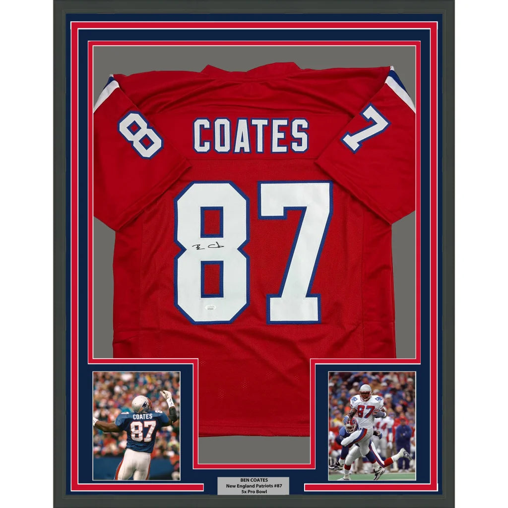 Framed autographed Ben Coates red Patriots jersey back with Coates 87 JSA COA