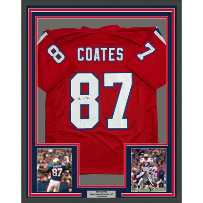 Framed autographed Ben Coates red Patriots jersey back with Coates 87 JSA COA