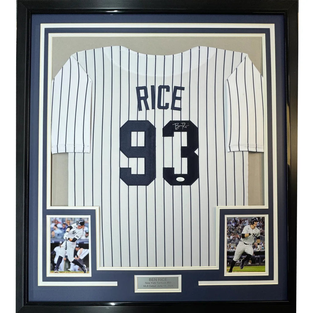 Framed autographed ben rice new york yankees black pinstripe baseball jersey with rice 93 and jsa coa signature