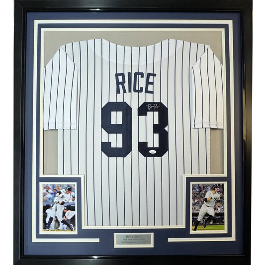 Framed autographed ben rice new york yankees black pinstripe baseball jersey with rice 93 and jsa coa signature
