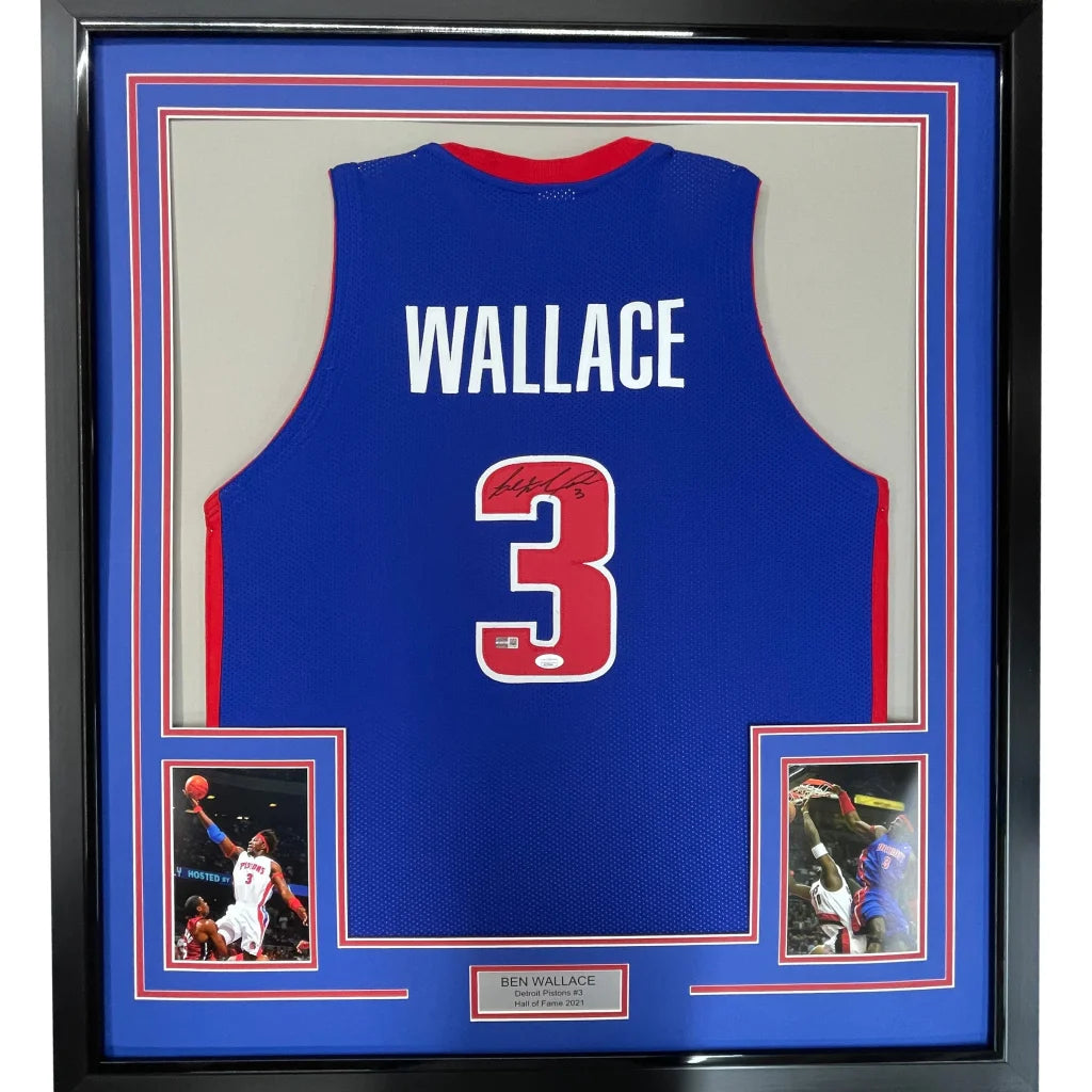 Framed Ben Wallace autographed number 3 basketball jersey with action photos and nameplate